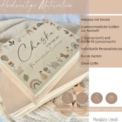 Personalisierte Holzkiste für Babys, Erinnerungsbox mit Deckel, Namen u. Geburtsdatum | Motiv: Tierkranz