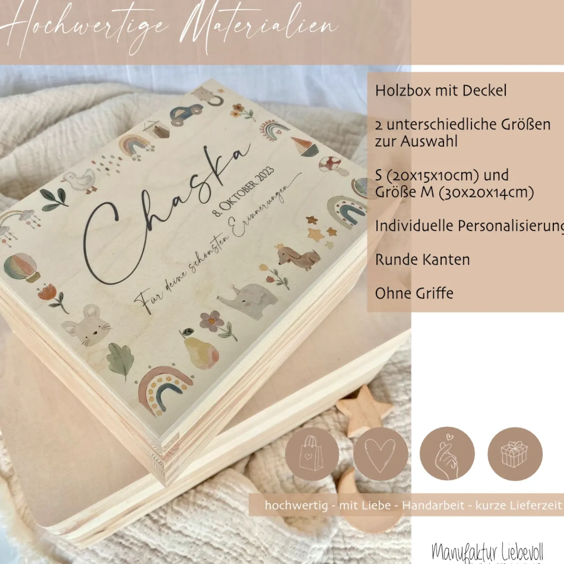 Personalisierte Holzkiste für Babys, Erinnerungsbox mit Deckel, Namen u. Geburtsdatum | Motiv: Tierkranz