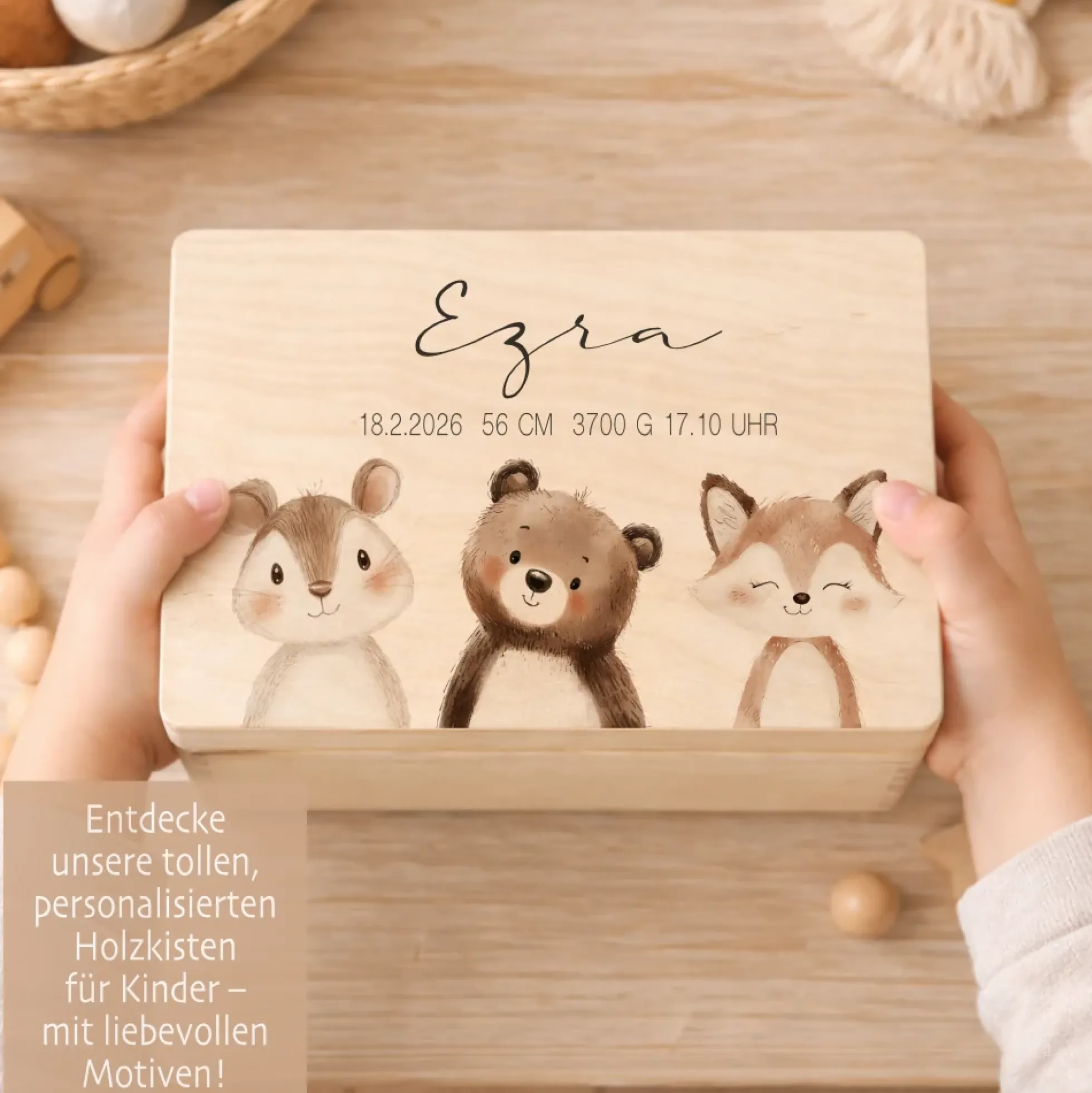 Personalisierte Holzkiste mit Name – Erinnerungskiste für Baby & Kind – Geschenk zur Geburt oder Taufe – 2 Motive & 2 Größen