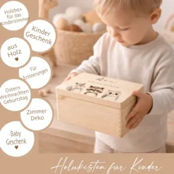 Personalisierte Holzkiste mit Name – Erinnerungskiste für Baby & Kind – Geschenk zur Geburt oder Taufe – 2 Motive & 2 Größen