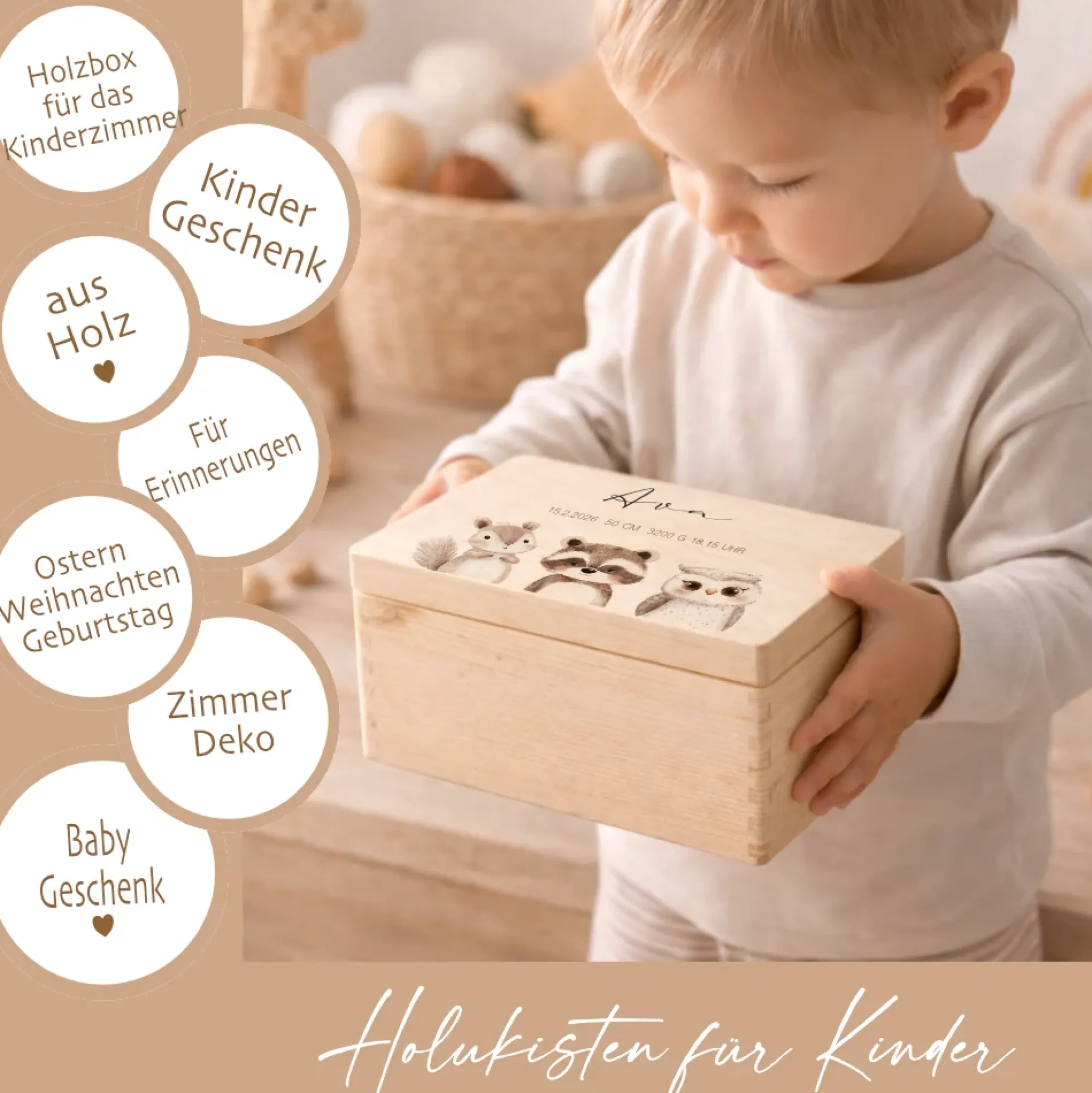 Personalisierte Holzkiste mit Name – Erinnerungskiste für Baby & Kind – Geschenk zur Geburt oder Taufe – 2 Motive & 2 Größen