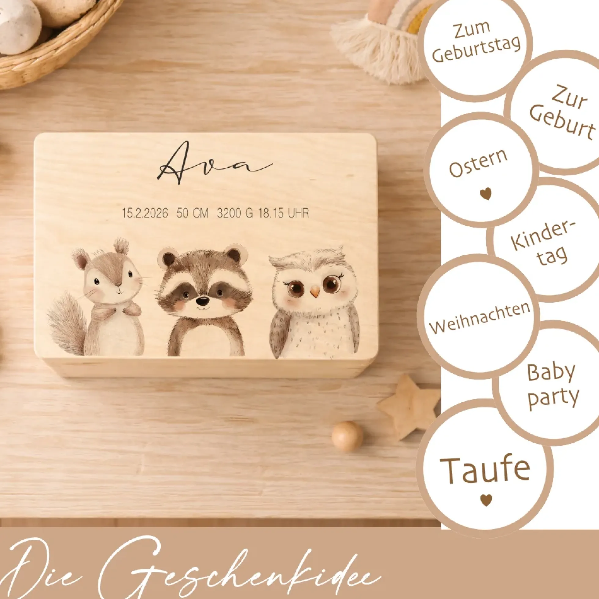 Personalisierte Holzkiste mit Name – Erinnerungskiste für Baby & Kind – Geschenk zur Geburt oder Taufe – 2 Motive & 2 Größen