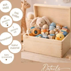 Personalisierte Holzkiste mit Name – Erinnerungskiste für Baby & Kind – Geschenk zur Geburt oder Taufe – 2 Motive & 2 Größen