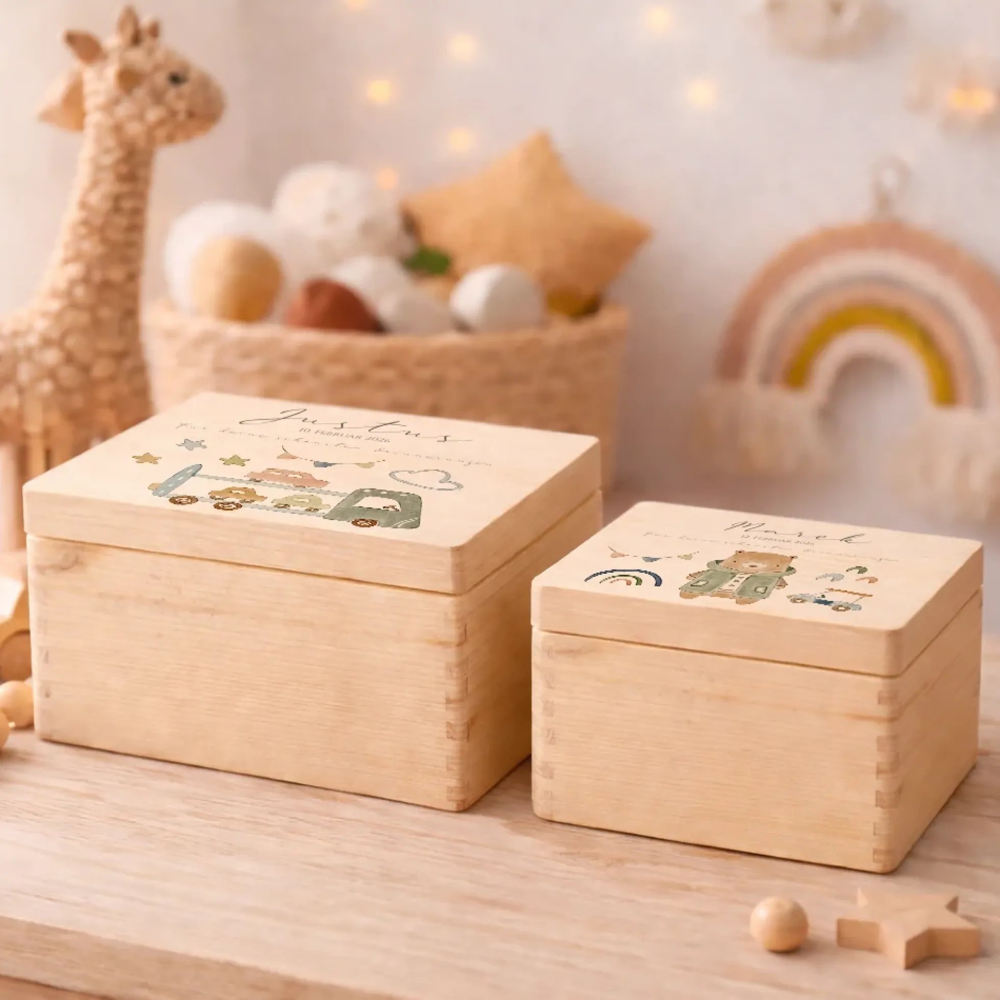 Personalisierte Holzkiste mit Name – Erinnerungskiste für Jungen mit Auto Motiv – Geschenk zur Geburt oder Taufe – 2 Größen