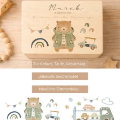 Personalisierte Holzkiste mit Name – Erinnerungskiste für Jungen mit Auto Motiv – Geschenk zur Geburt oder Taufe – 2 Größen