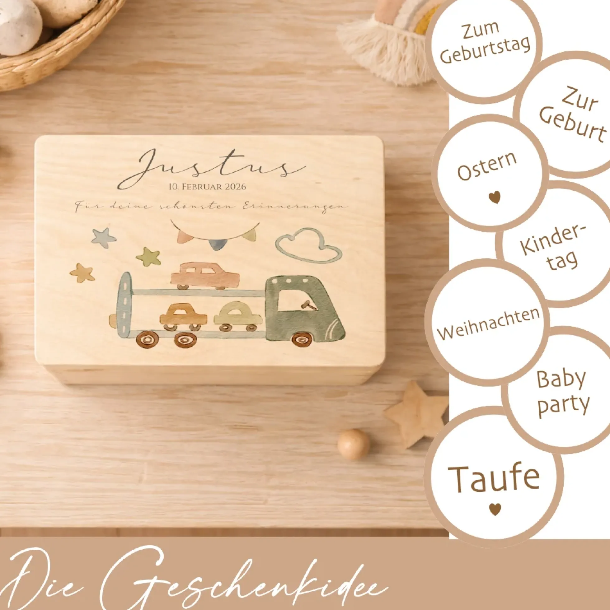 Personalisierte Holzkiste mit Name – Erinnerungskiste für Jungen mit Auto Motiv – Geschenk zur Geburt oder Taufe – 2 Größen