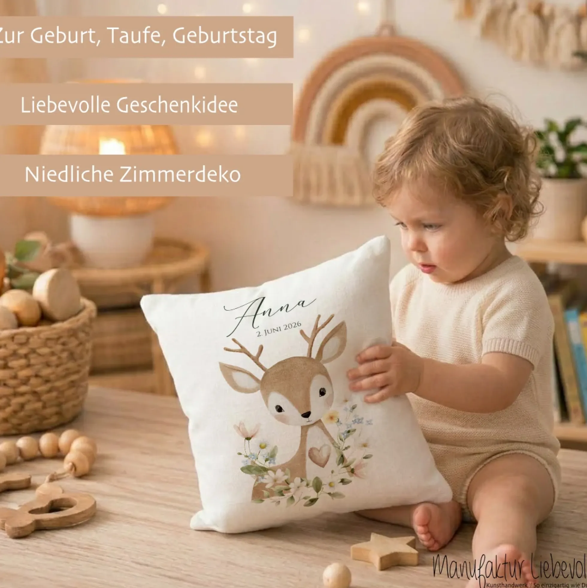 Personalisierte Kinderkissen mit Namen – Süße Waldtiere Motive im Boho-Stil – Flauschiges Kuschelkissen inkl. Füllung zur Geburt & Taufe
