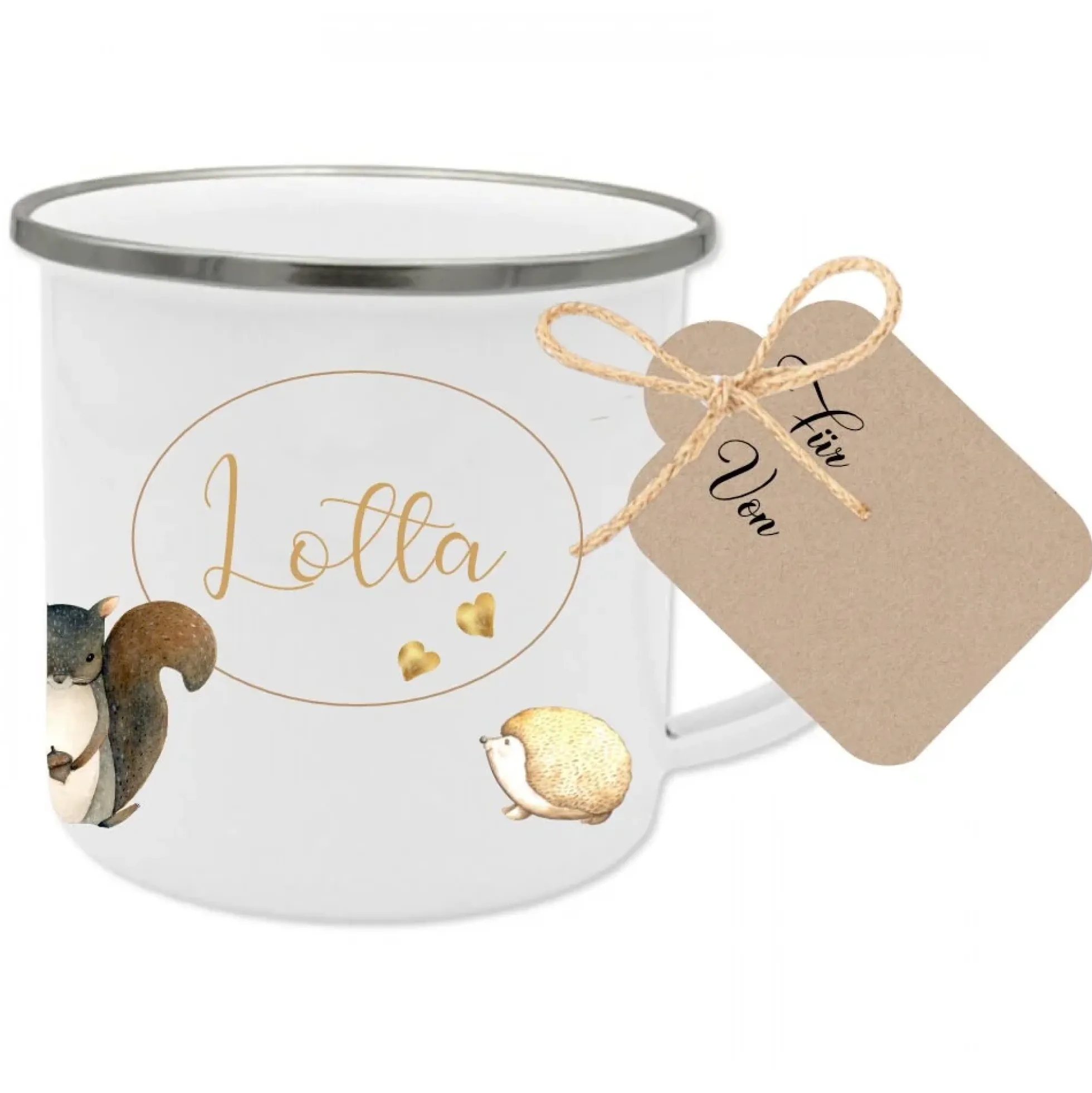 Personalisierte Kindertasse "Tiere" | Emailletasse mit dem Namen des Kindes | Liebevolles Kindergeschirr | mit Geschenkanhänger zum Beschriften