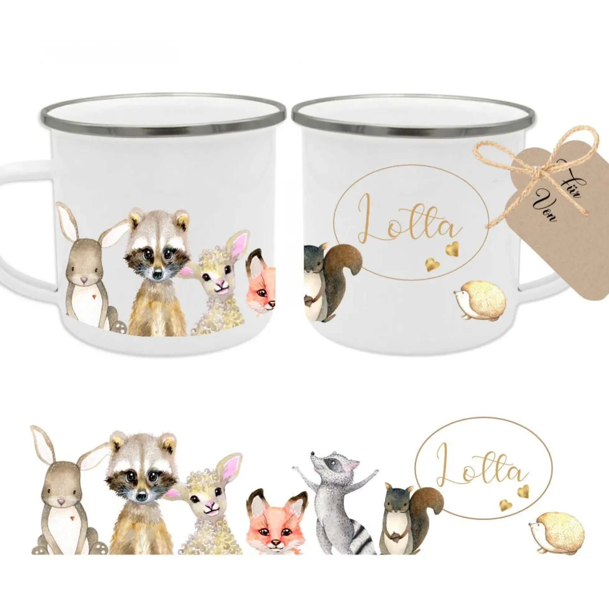 Personalisierte Kindertasse "Tiere" | Emailletasse mit dem Namen des Kindes | Liebevolles Kindergeschirr | mit Geschenkanhänger zum Beschriften
