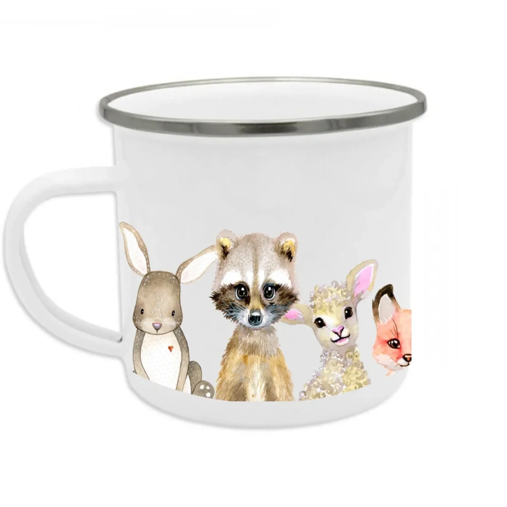 Personalisierte Kindertasse "Tiere" | Emailletasse mit dem Namen des Kindes | Liebevolles Kindergeschirr | mit Geschenkanhänger zum Beschriften