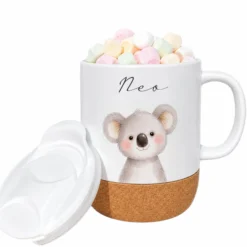 Personalisierte Kindertasse mit Name – Keramiktasse mit Korkboden & Deckel | 12 Tiermotive