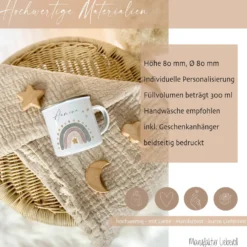 Personalisierte Kindertasse aus Emaille mit einem Regenbogen