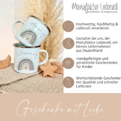 Personalisierte Kindertasse aus Emaille mit einem Regenbogen