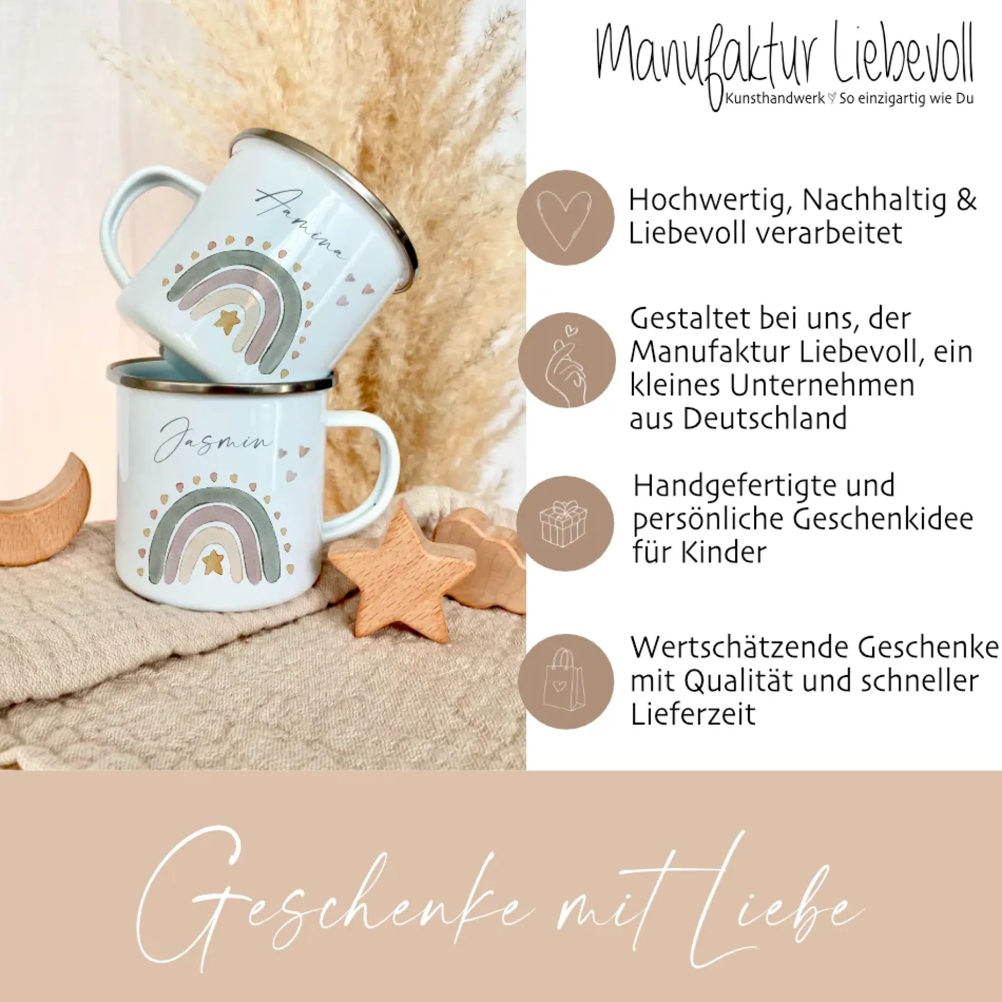 Personalisierte Kindertasse aus Emaille mit einem Regenbogen