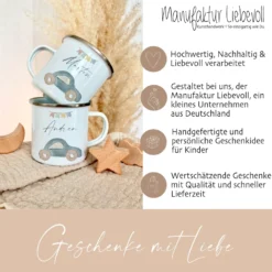 Personalisierte Kindertasse aus Emaille mit einem Auto
