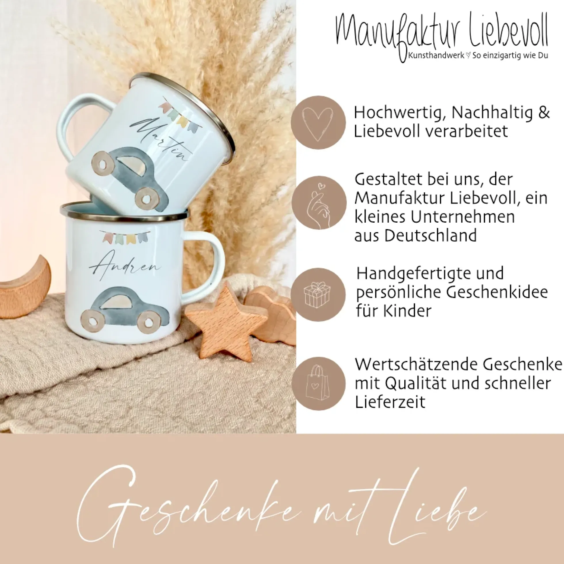 Personalisierte Kindertasse aus Emaille mit einem Auto