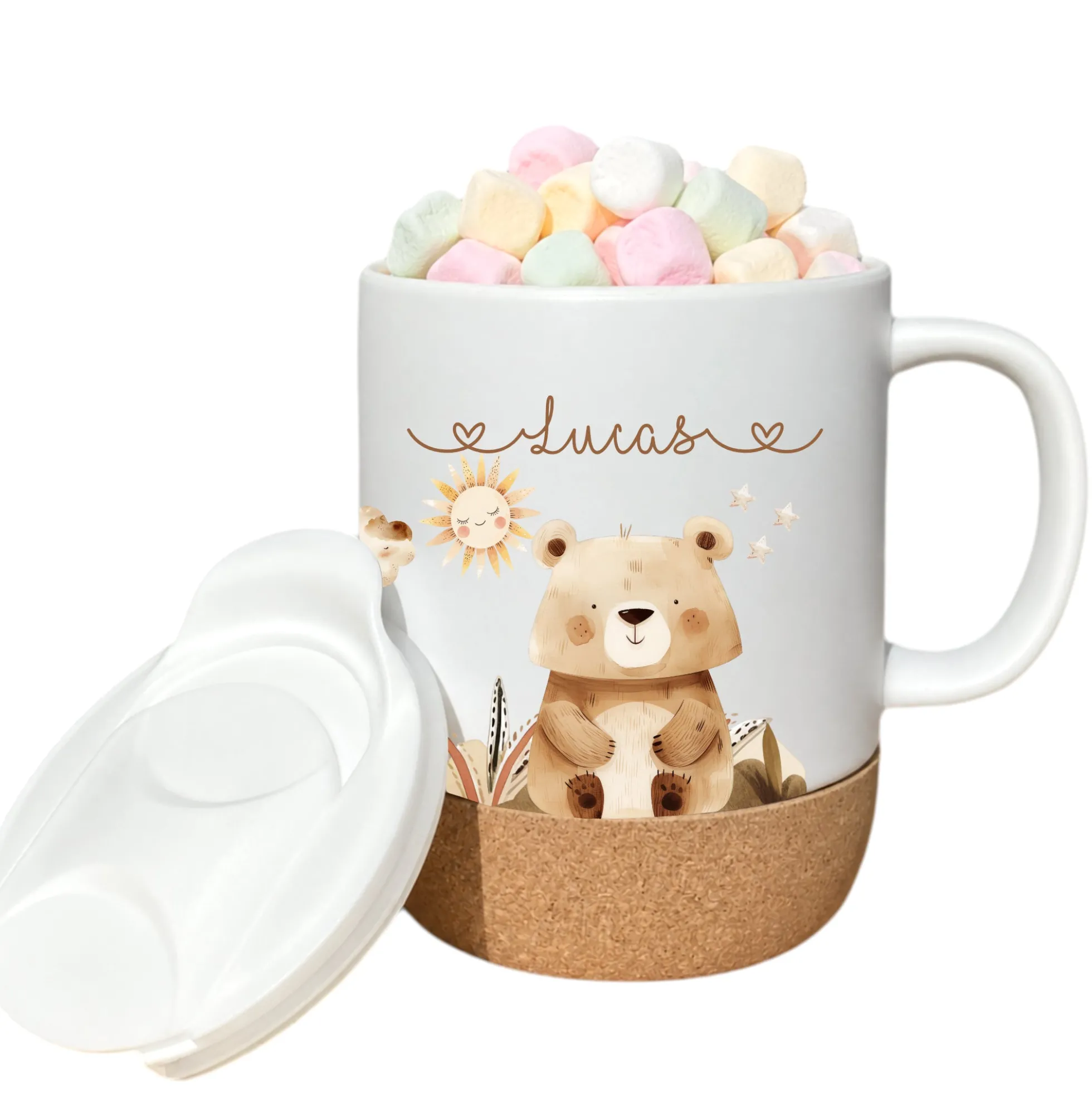 Personalisierte Kindertasse mit Namen – Keramiktasse mit Korkboden & Deckel | 14 Motive zur Auswahl