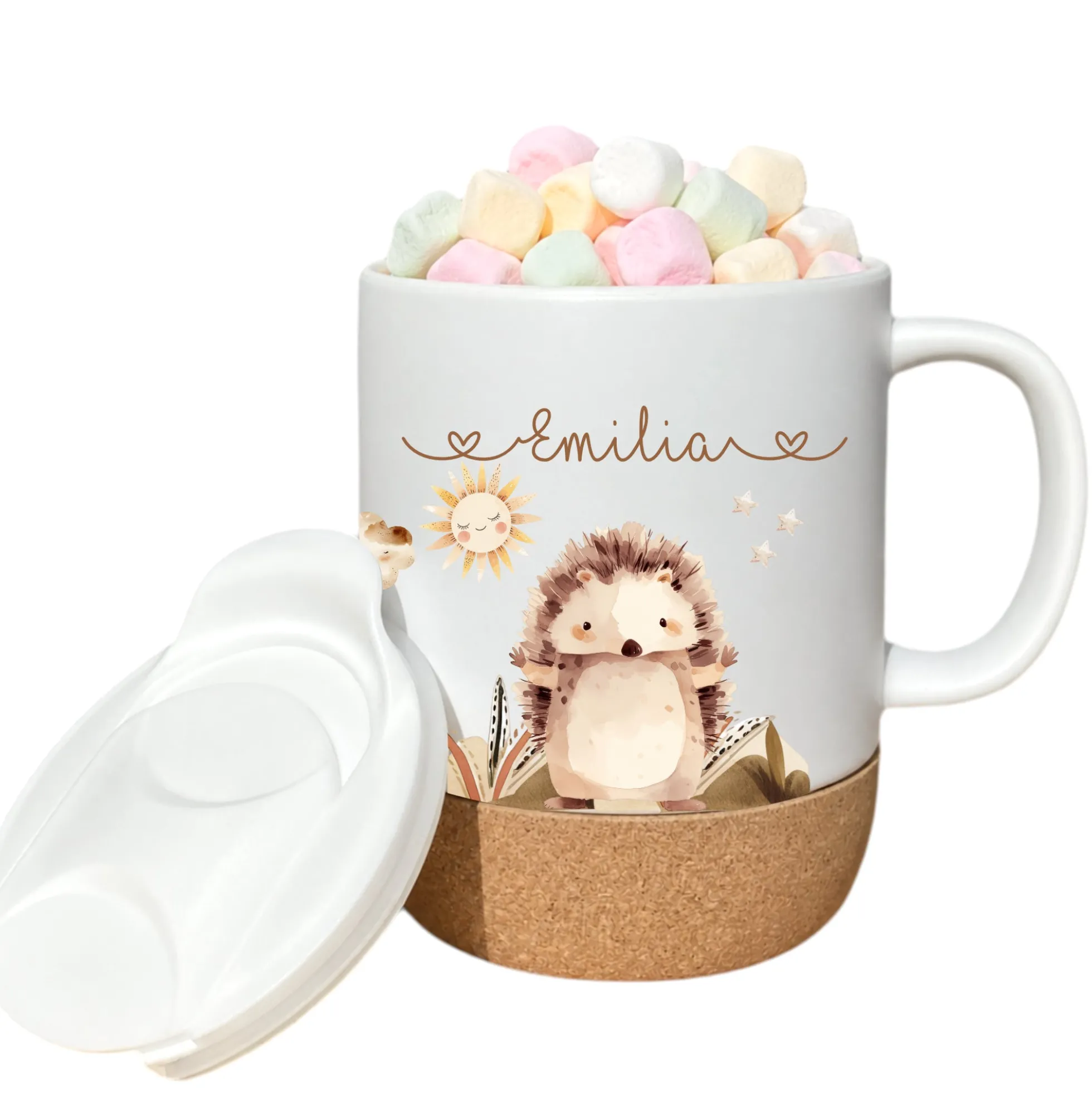 Personalisierte Kindertasse mit Namen – Keramiktasse mit Korkboden & Deckel | 14 Motive zur Auswahl