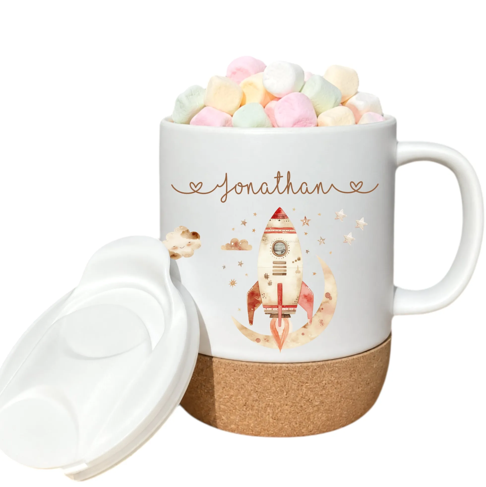 Personalisierte Kindertasse mit Namen – Keramiktasse mit Korkboden & Deckel | 14 Motive zur Auswahl