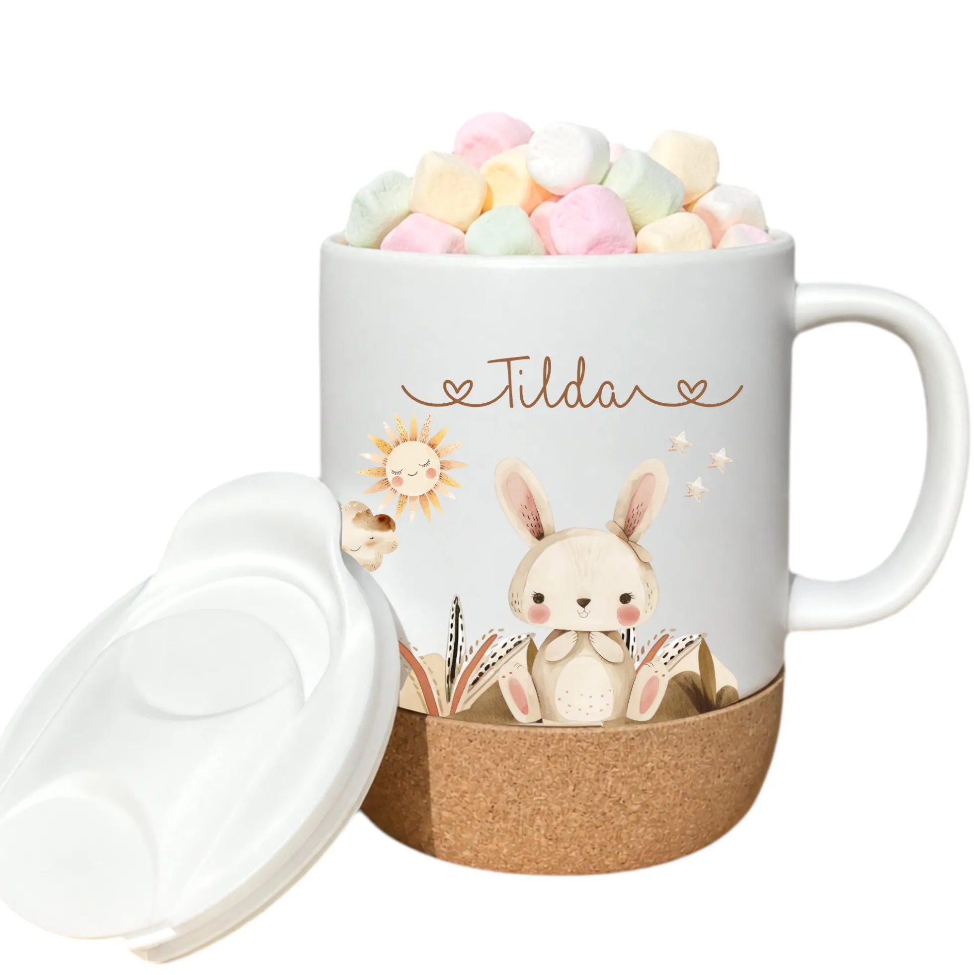 Personalisierte Kindertasse mit Namen – Keramiktasse mit Korkboden & Deckel | 14 Motive zur Auswahl