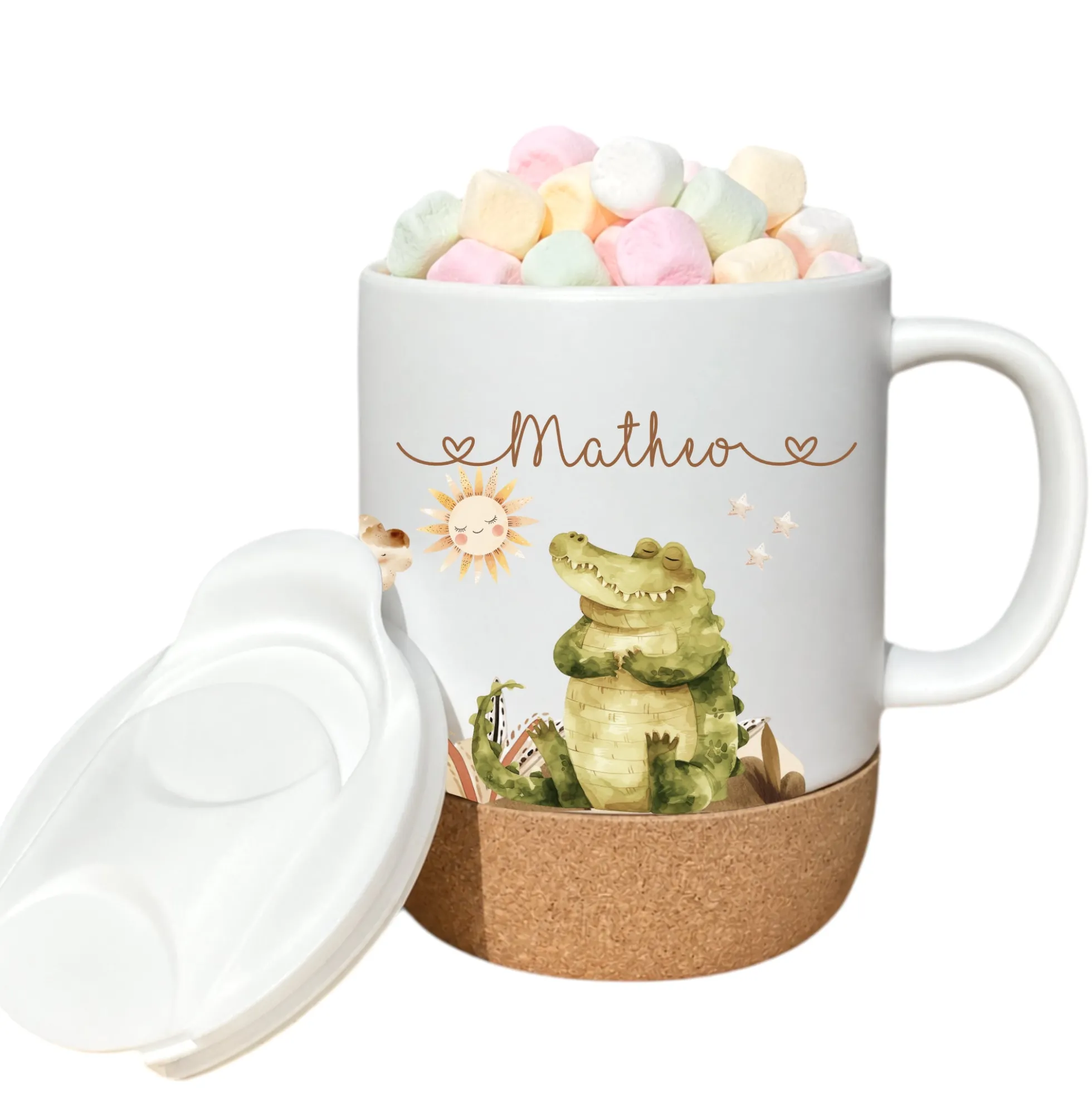 Personalisierte Kindertasse mit Namen – Keramiktasse mit Korkboden & Deckel | 14 Motive zur Auswahl