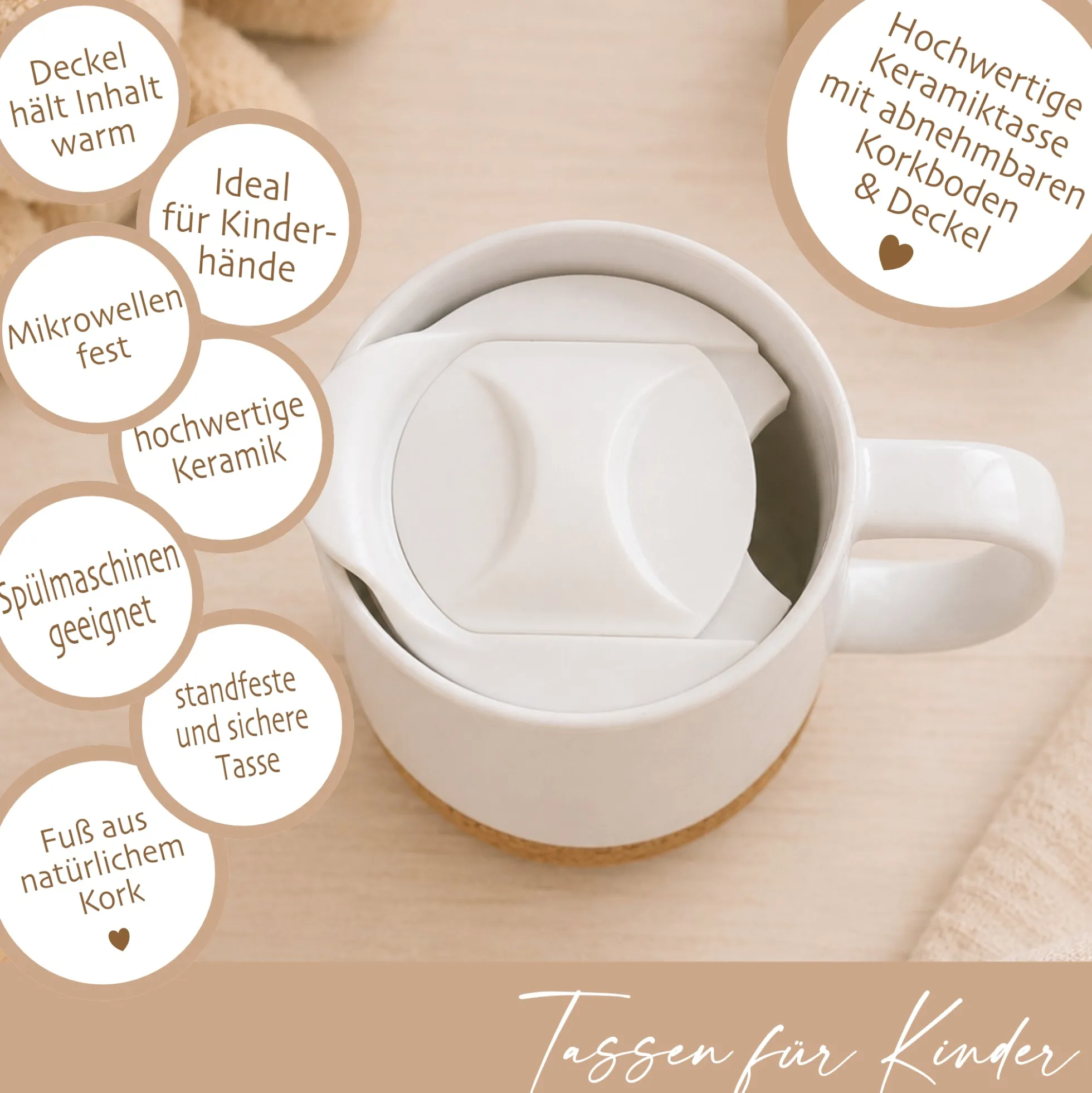 Personalisierte Kindertasse mit Namen – Keramiktasse mit Korkboden & Deckel | 14 Motive zur Auswahl