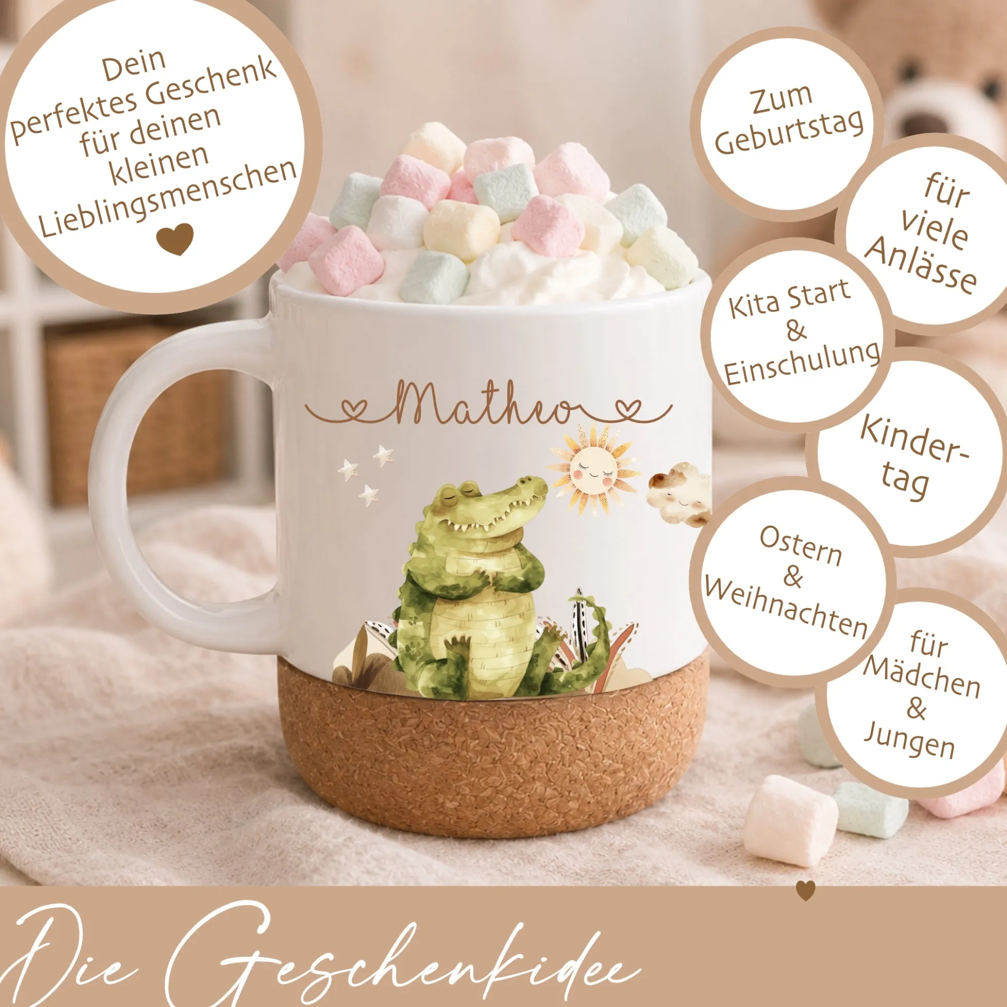 Personalisierte Kindertasse mit Namen – Keramiktasse mit Korkboden & Deckel | 14 Motive zur Auswahl