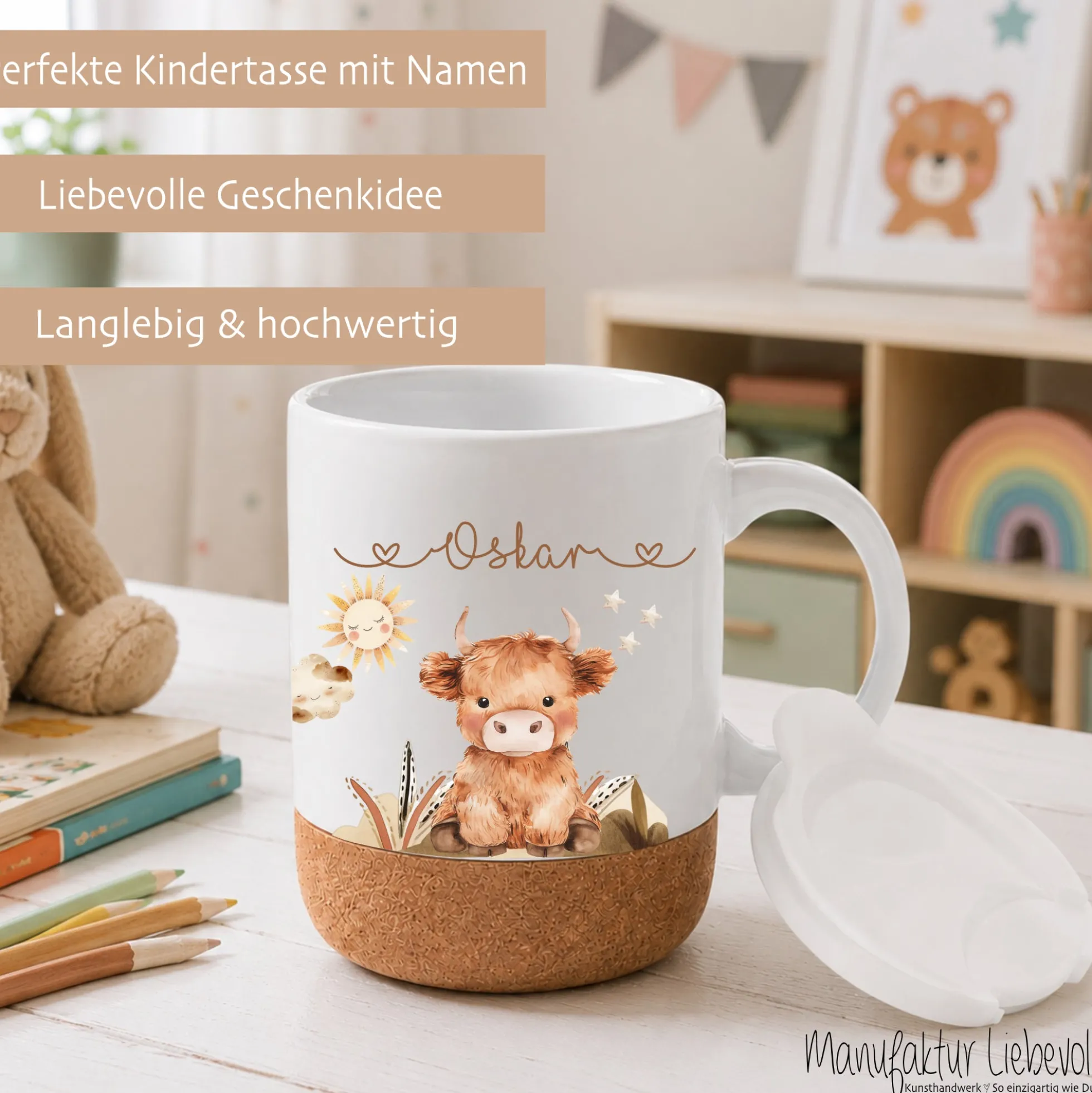 Personalisierte Kindertasse mit Namen – Keramiktasse mit Korkboden & Deckel | 14 Motive zur Auswahl