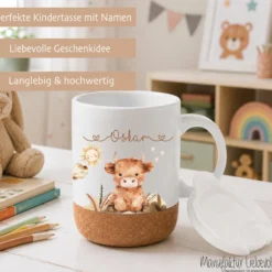 Personalisierte Kindertasse mit Namen – Keramiktasse mit Korkboden & Deckel | 14 Motive zur Auswahl