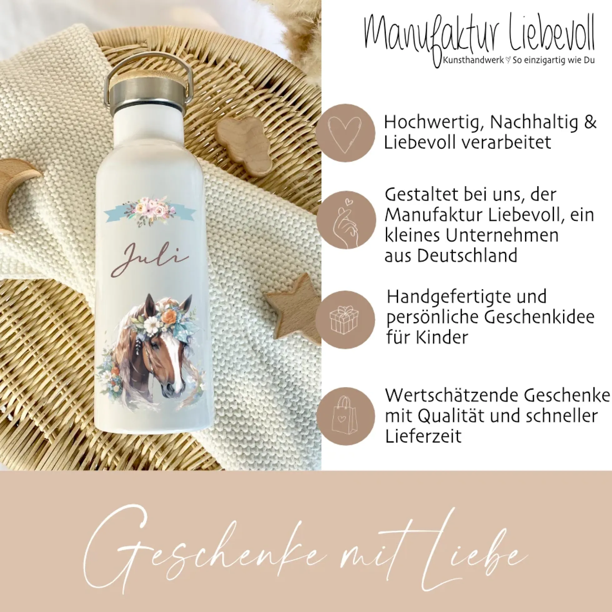 Personalisierte Kinder Trinkflasche "Pferd" für Kinder mit Namen | Thermosflasche Pony aus Edelstahl mit Bambusdeckel für Mädchen Teenager | 500ml