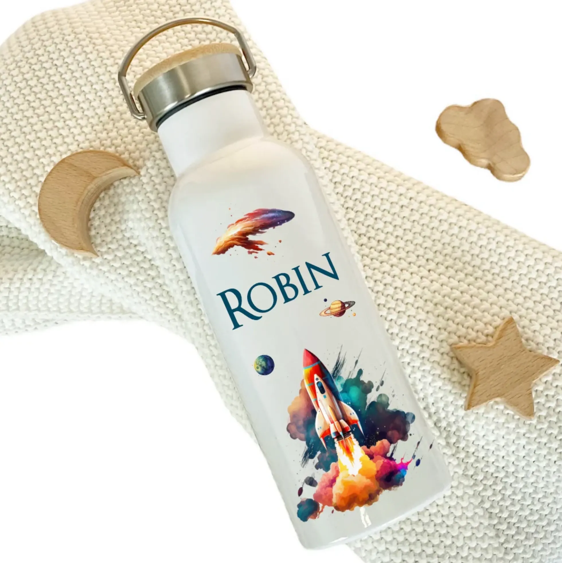 Personalisierte Kinder Trinkflasche "Rakete" für Jungen mit Namen | Thermosflasche Weltraum aus Edelstahl mit Bambusdeckel für Kita Schule | 500ml
