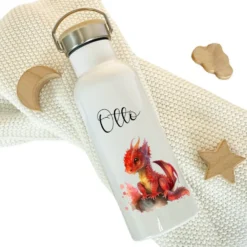 Personalisierte Kinder Trinkflasche "Drache" für Jungen / Mädchen mit Namen | Edelstahl Thermosflasche Dino mit Bambusdeckel | Kita Schule 500ml