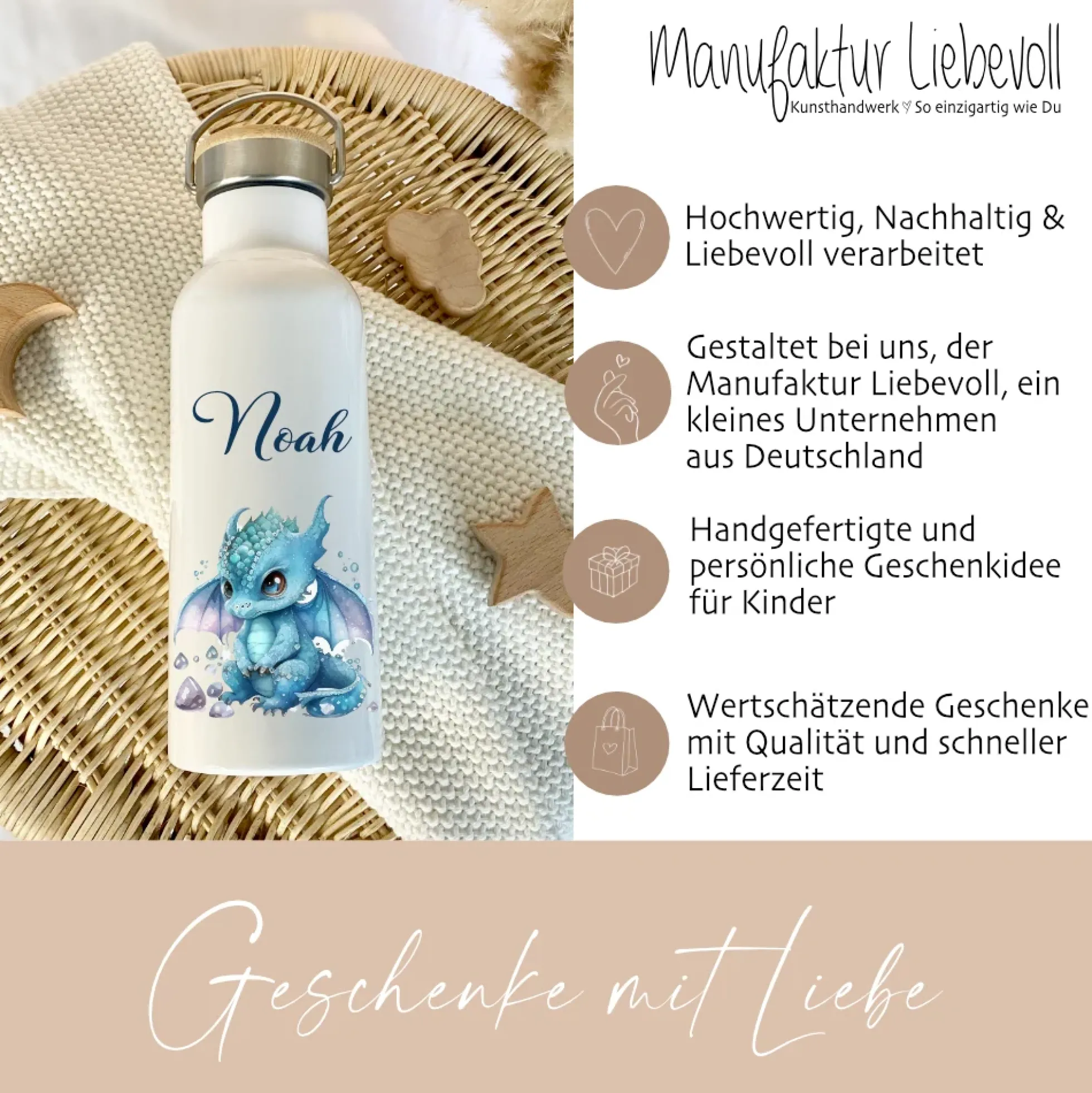 Personalisierte Kinder Trinkflasche „Drache Fabelwesen" mit Namen für Jungen u. Mädchen I Edelstahl Thermosflasche für Kita Schule 500ml
