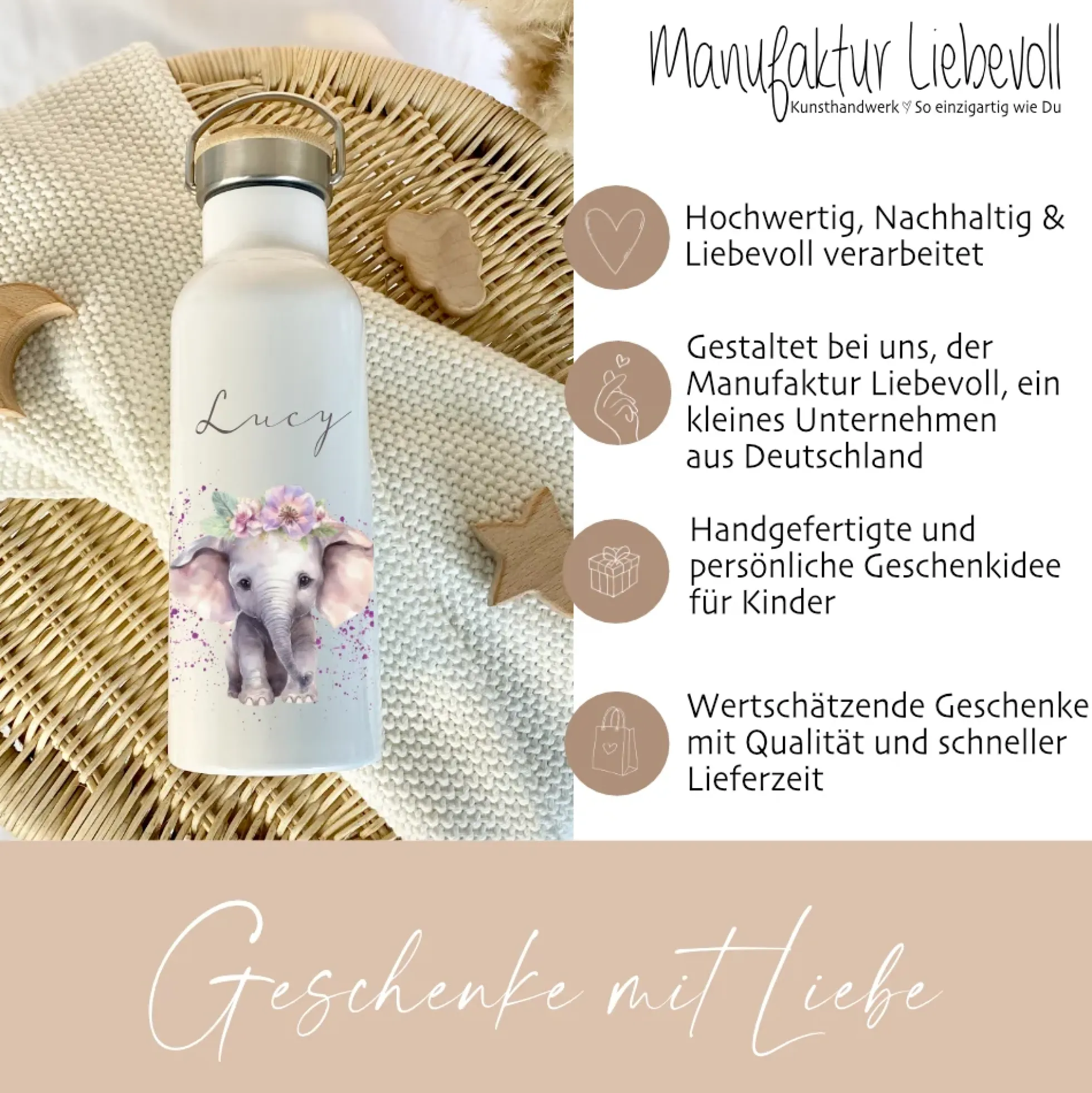 Personalisierte Kinder Trinkflasche „Elefant" mit Namen für Mädchen| Edelstahl Thermosflasche für Kita Schule 500ml