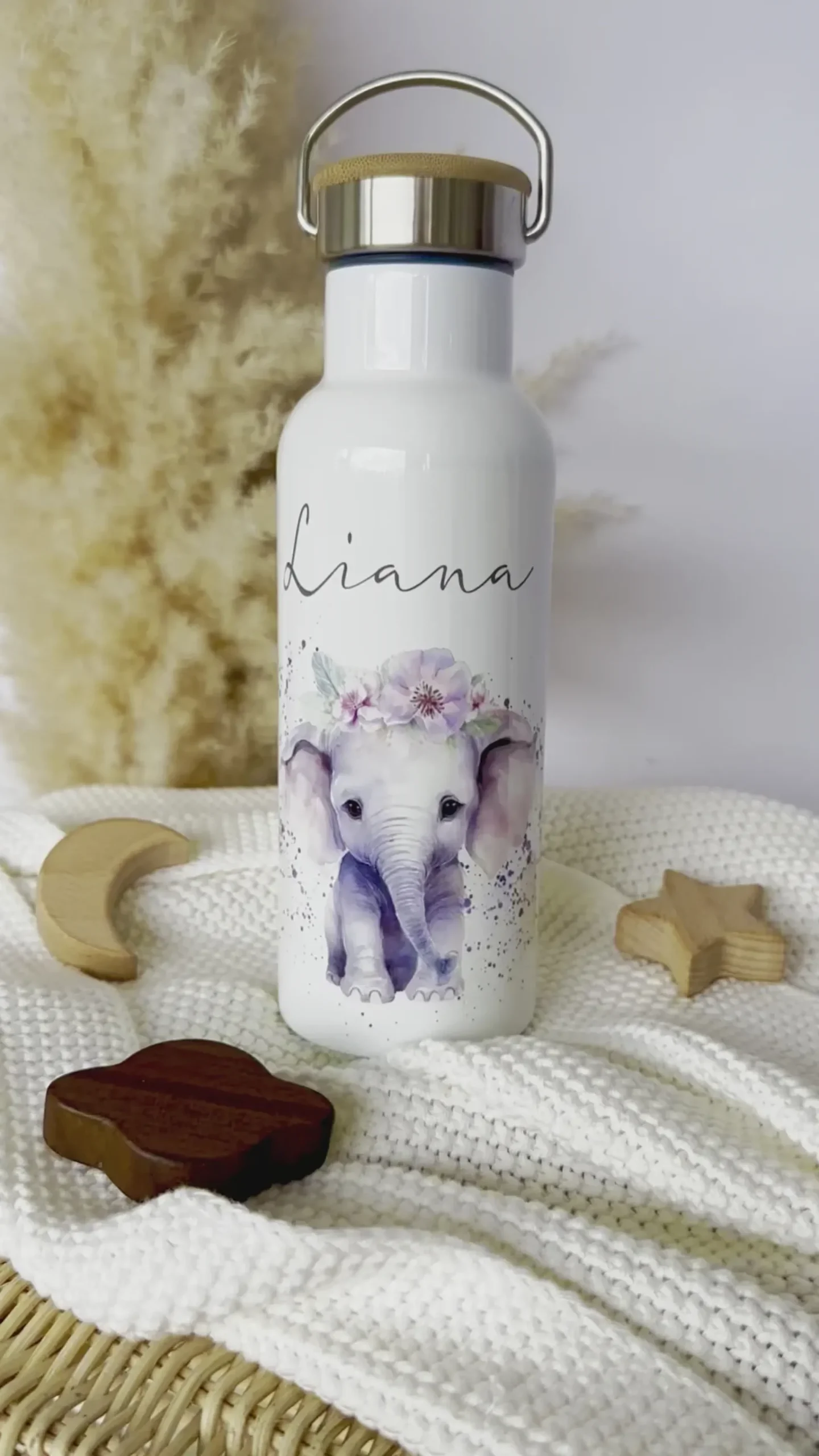 Personalisierte Kinder Trinkflasche „Elefant" mit Namen für Mädchen| Edelstahl Thermosflasche für Kita Schule 500ml