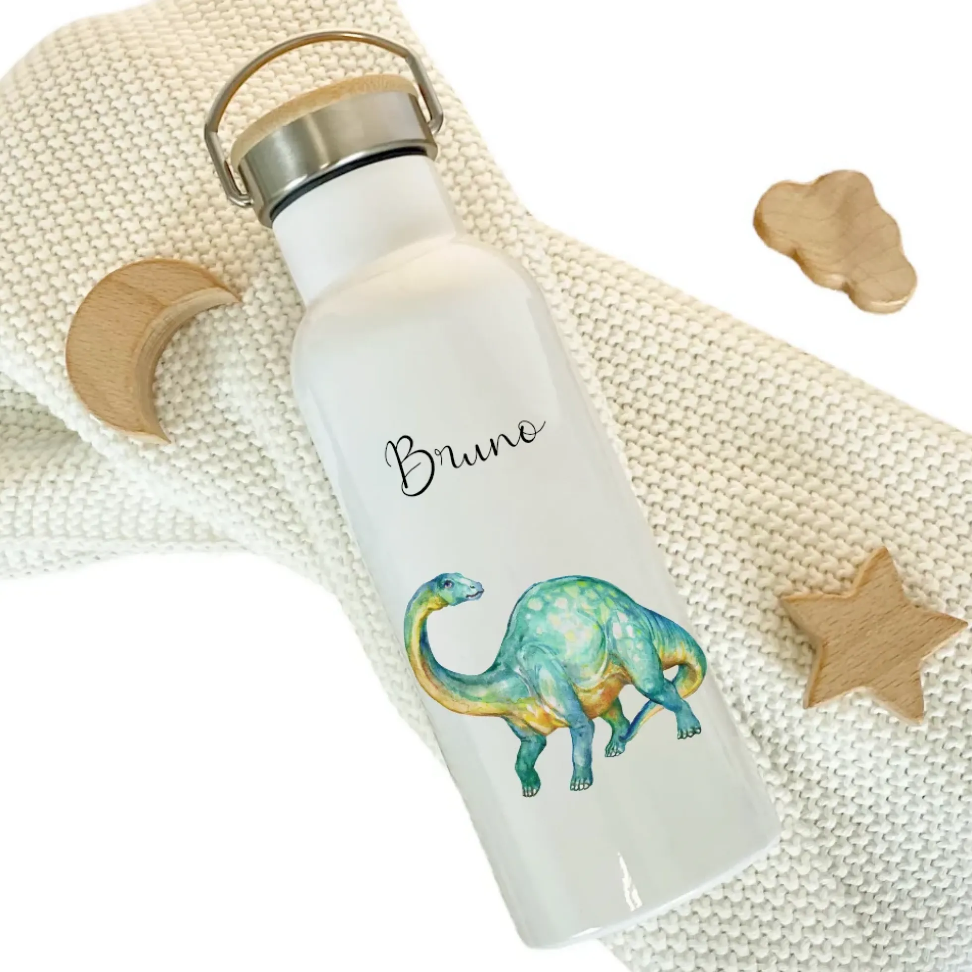 Personalisierte Kinder Trinkflasche "Dino" für Jungen / Mädchen mit Namen | Edelstahl Thermosflasche Tiermotiv mit Bambusdeckel | Kita Schule 500ml