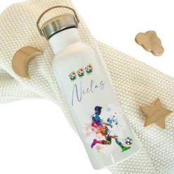 Personalisierte Kinder Trinkflasche "Fußballspieler" für Jungen mit Namen | Thermosflasche Fußballer aus Edelstahl für Teenager Kita Schule | 500ml