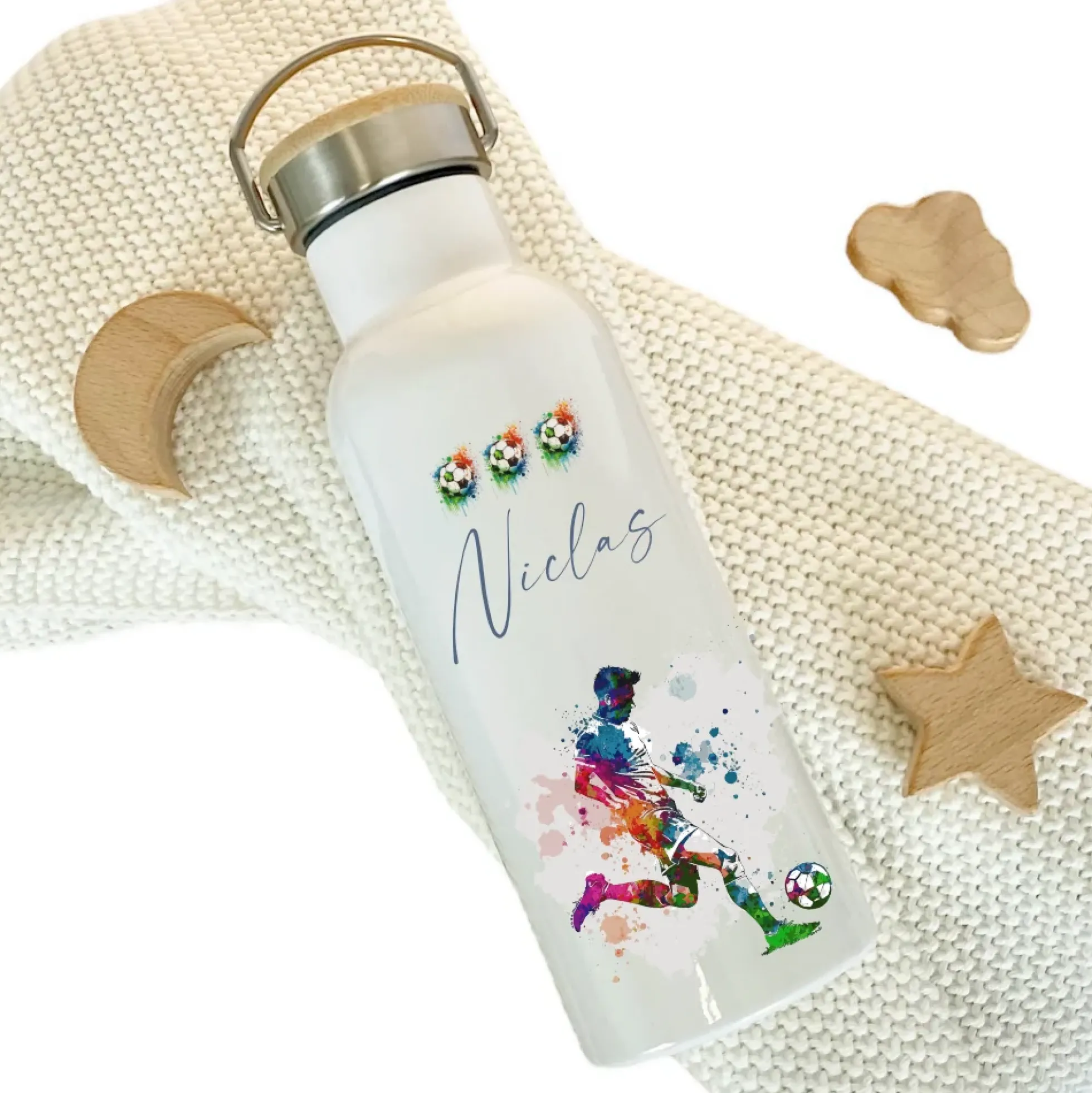 Personalisierte Kinder Trinkflasche "Fußballspieler" für Jungen mit Namen | Thermosflasche Fußballer aus Edelstahl für Teenager Kita Schule | 500ml