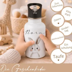 Personalisierte Kinder Trinkflasche mit Name – Edelstahl Trinkflasche mit Strohhalm 400ml / 500ml / 600ml – Tiermotiv für Kita & Schule