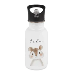 Personalisierte Kinder Trinkflasche mit Name – Edelstahl Trinkflasche mit Strohhalm 400ml / 500ml / 600ml – Tiermotiv für Kita & Schule
