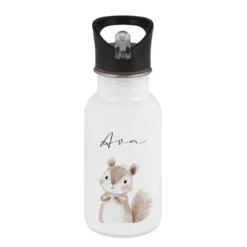 Personalisierte Kinder Trinkflasche mit Name – Edelstahl Trinkflasche mit Strohhalm 400ml / 500ml / 600ml – Tiermotiv für Kita & Schule