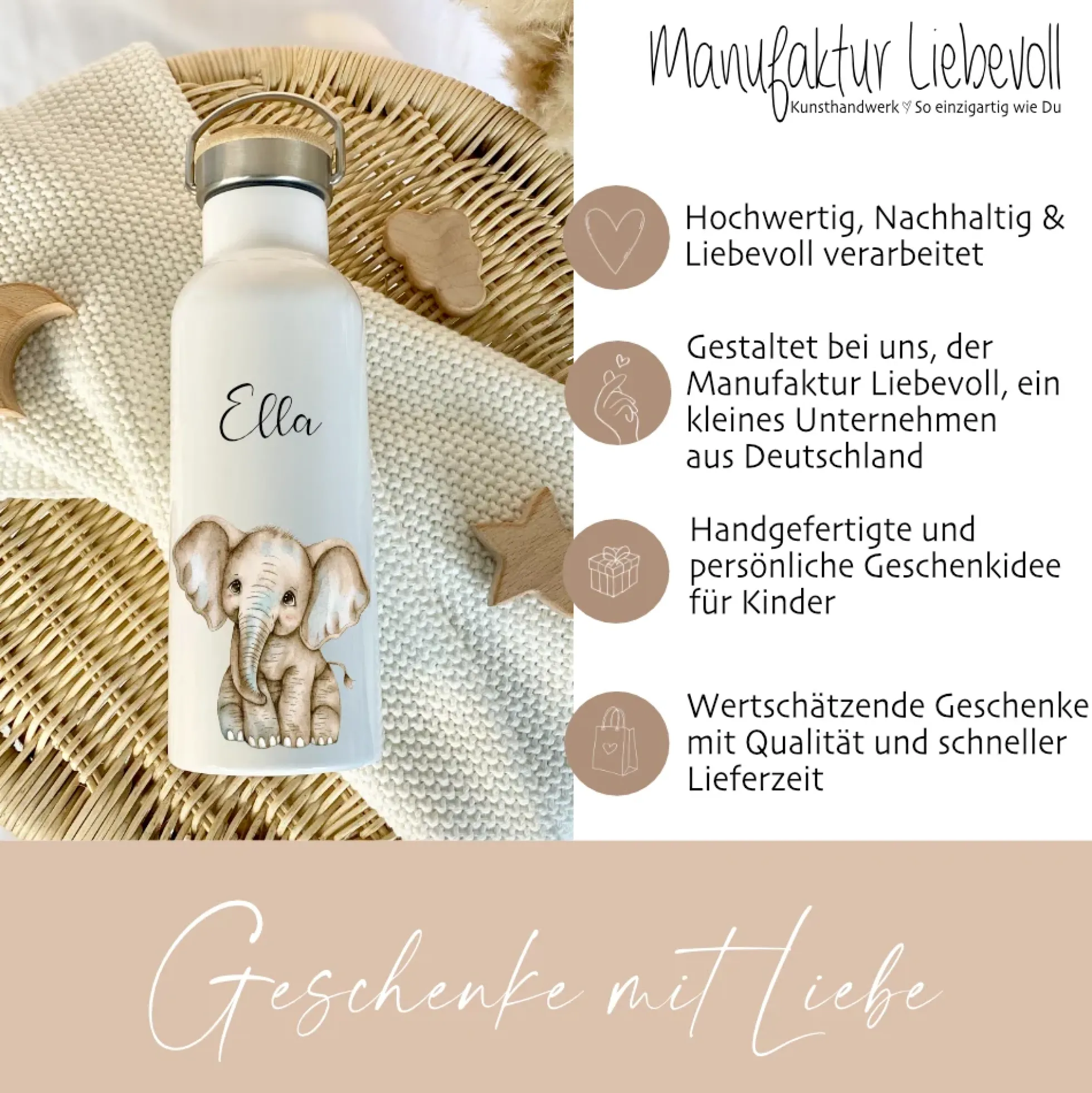 Personalisierte Kinder Trinkflasche „Elefanten Baby" mit Namen für Mädchen Jungen | Edelstahl Thermosflasche für Kita Schule 500ml