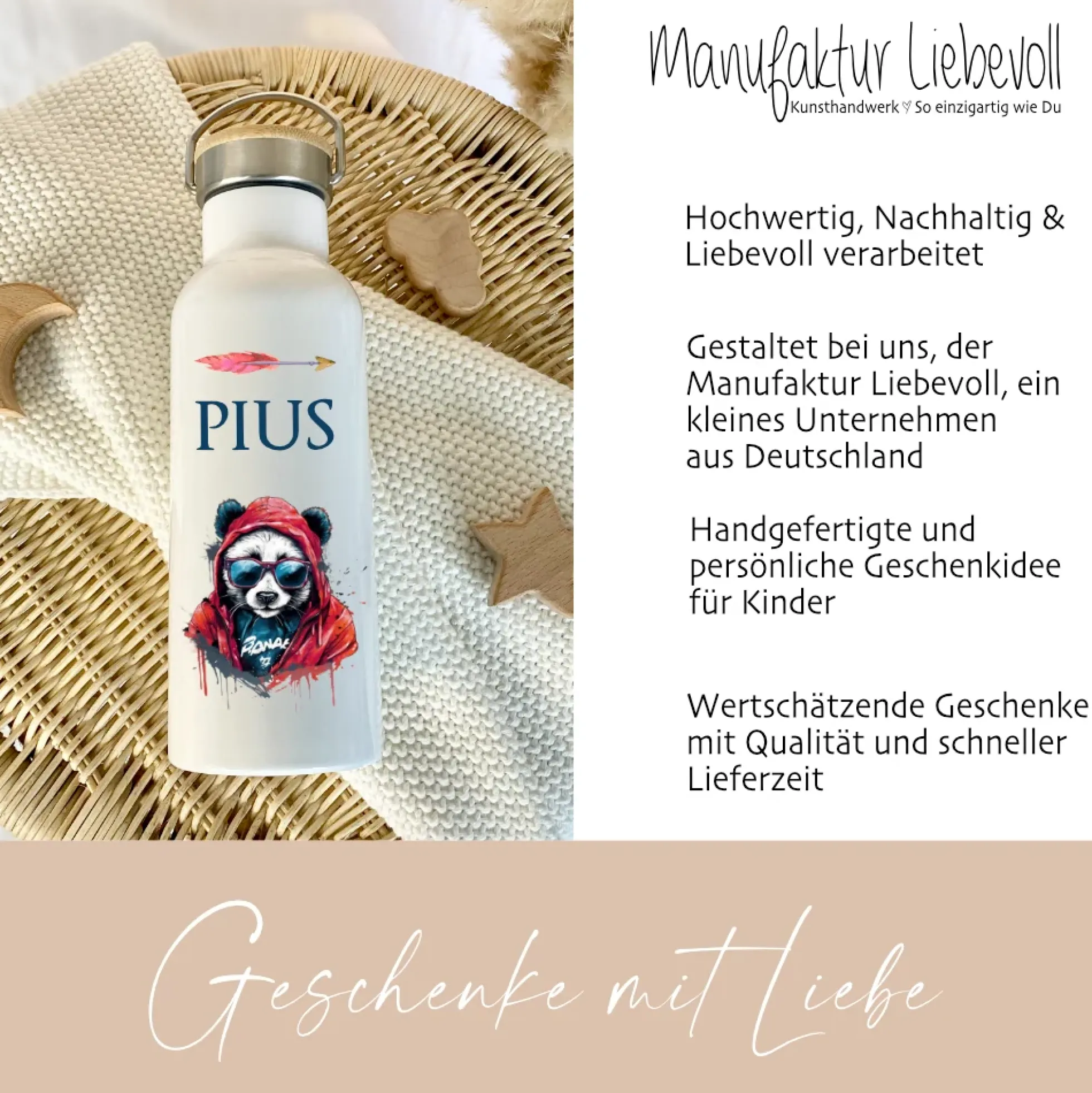 Personalisierte Kinder Trinkflasche "Panda" für Jungen mit Namen Teenager | Thermosflasche aus Edelstahl mit Bambusdeckel für Kita Schule | 500ml