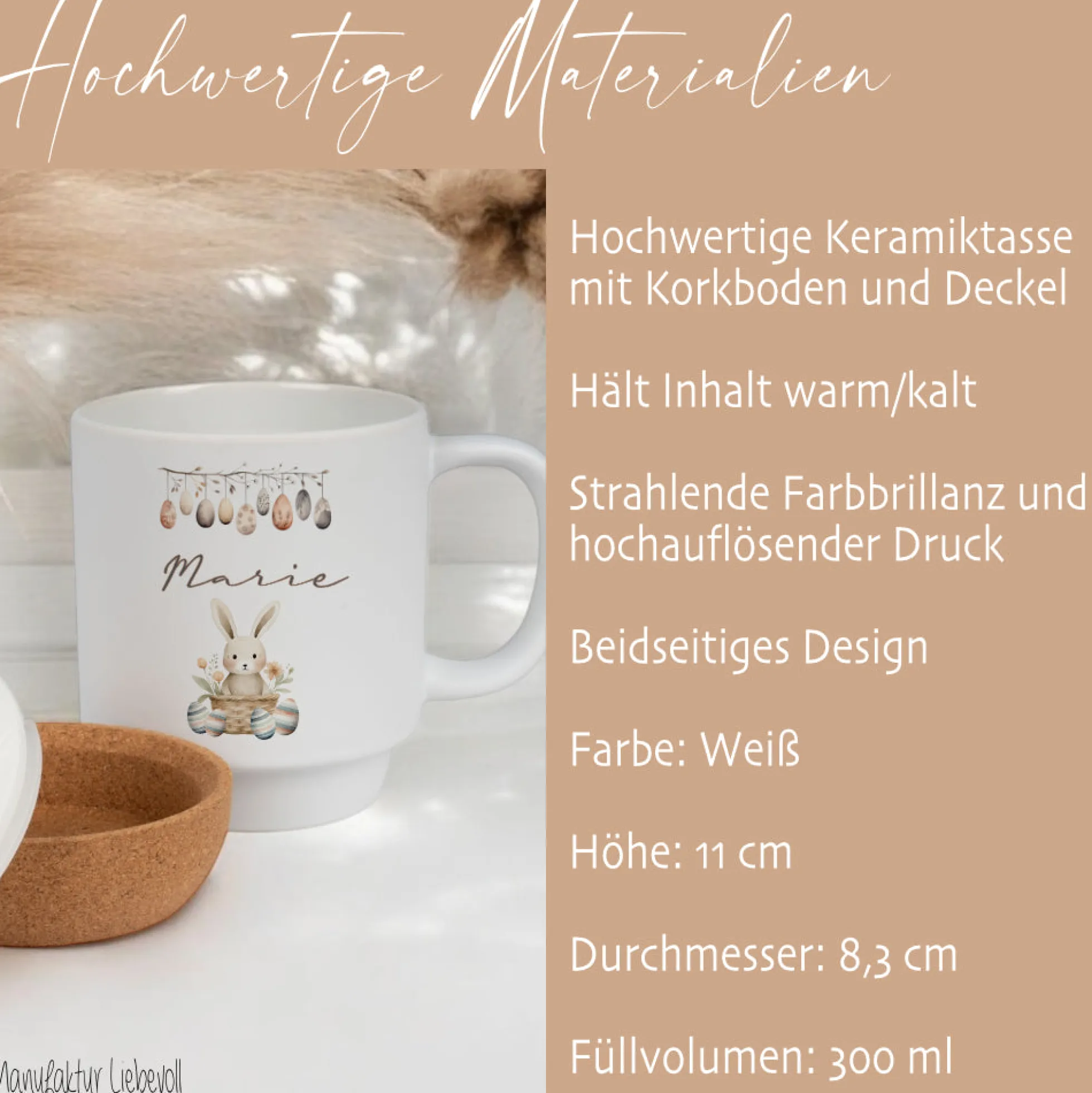 Personalisierte Ostertasse aus Kermik mit Korkboden, 3 Motive zur Auswahl