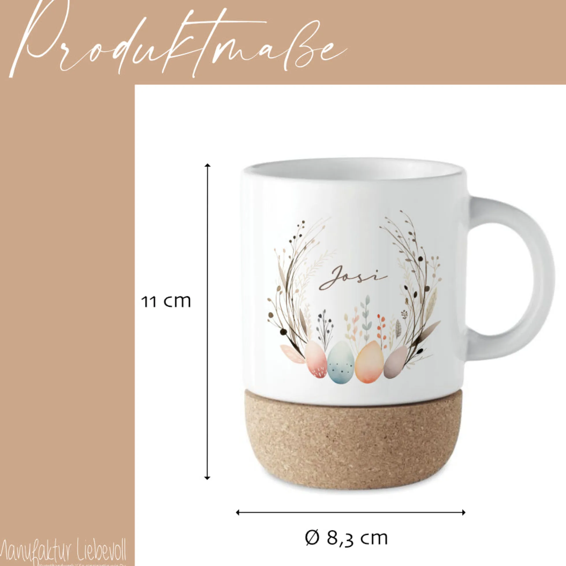 Personalisierte Ostertasse aus Kermik mit Korkboden, 3 Motive zur Auswahl