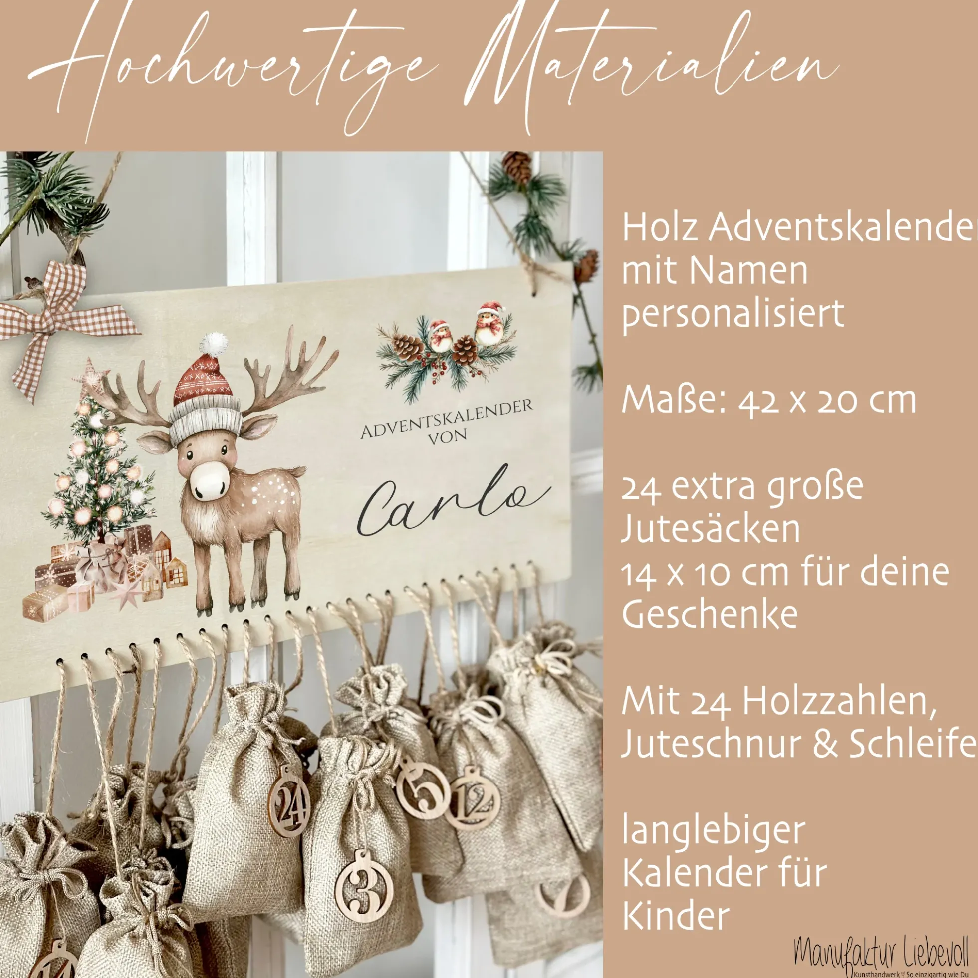 Personalisierter Adventskalender mit Namen zum Befüllen Kinder Adventskalender Holz Rentier Kinderadventskalender Elch Advent Jutesäckchen