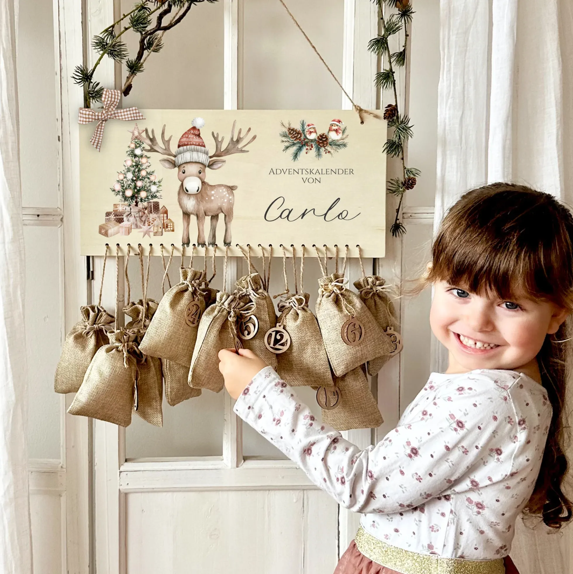 Personalisierter Adventskalender mit Namen zum Befüllen Kinder Adventskalender Holz Rentier Kinderadventskalender Elch Advent Jutesäckchen