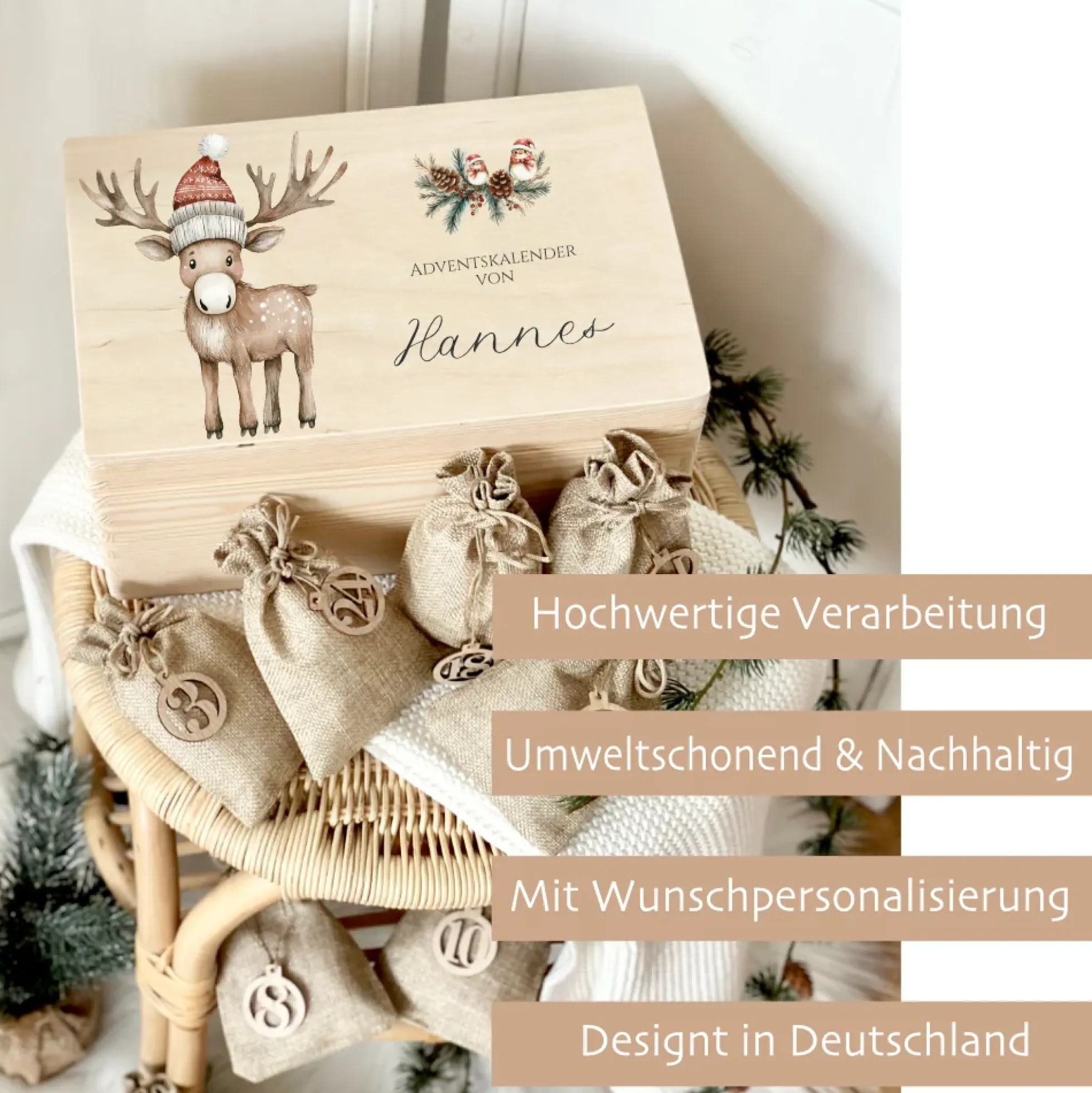 Personalisierter Adventskalender zum Befüllen, Adventskiste mit Fuchs und Rentier zum Auswählen