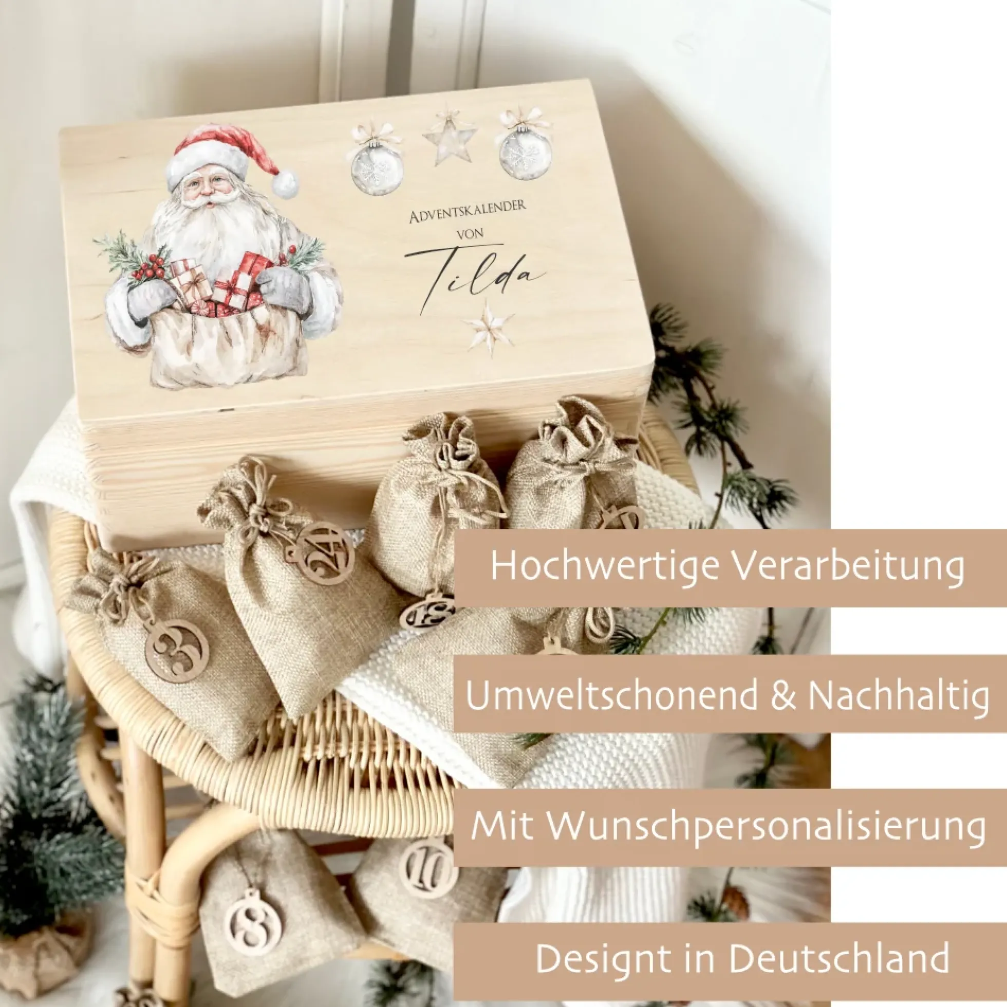 Personalisierter Adventskalender, Adventskiste mit Namen, Holzkiste, Motiv: Weihnachtsmann