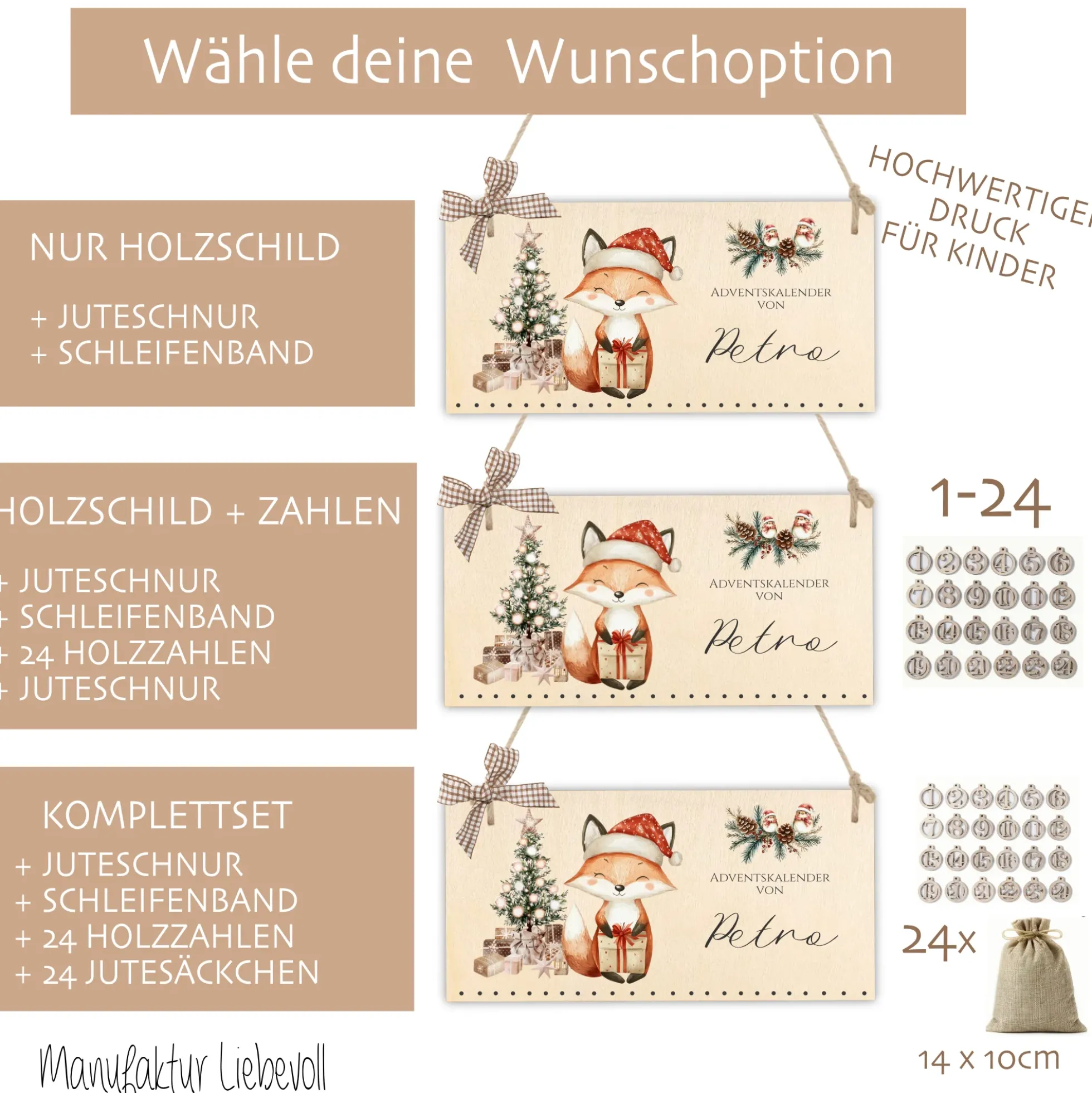 Personalisierter Adventskalender mit Namen zum Befüllen Kinder Adventskalender Holz Kinderadventskalender Fuchs Advent Jutesäckchen
